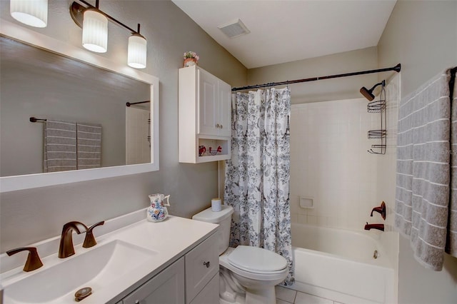 bathroom featuring shower / bath combo, visible vents, toilet, tile patterned flooring, and vanity