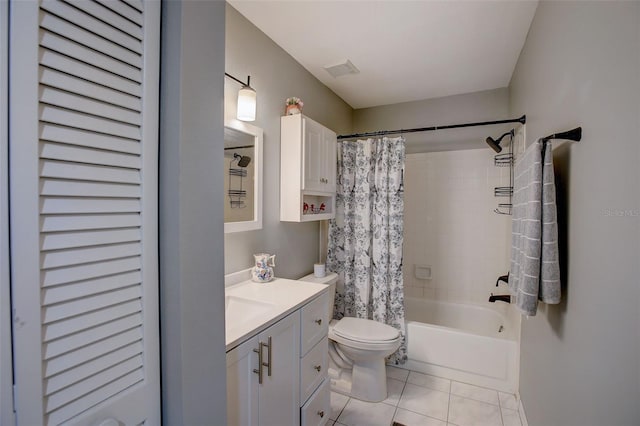 bathroom with shower / bath combo, visible vents, toilet, tile patterned flooring, and vanity