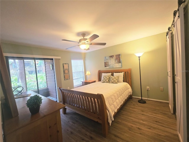 103 Cypress Pond Rd Unit 103, Palm Harbor, FL 34683 - bedroom with a barn door, access to outside, a ceiling fan, baseboards, and dark wood finished floors