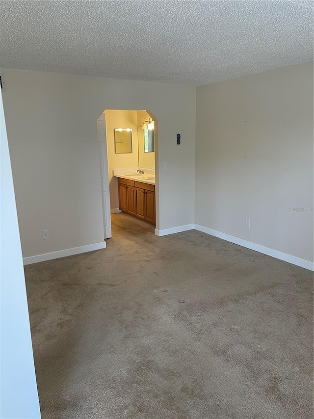 carpeted empty room with a textured ceiling and sink