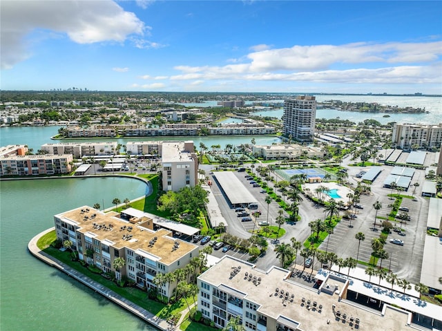 bird's eye view with a water view