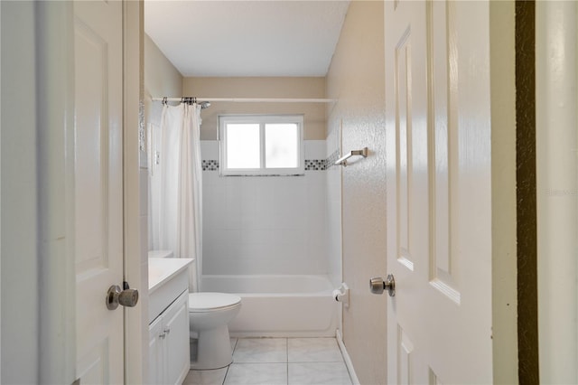 full bathroom with toilet, shower / tub combo, vanity, and tile patterned flooring