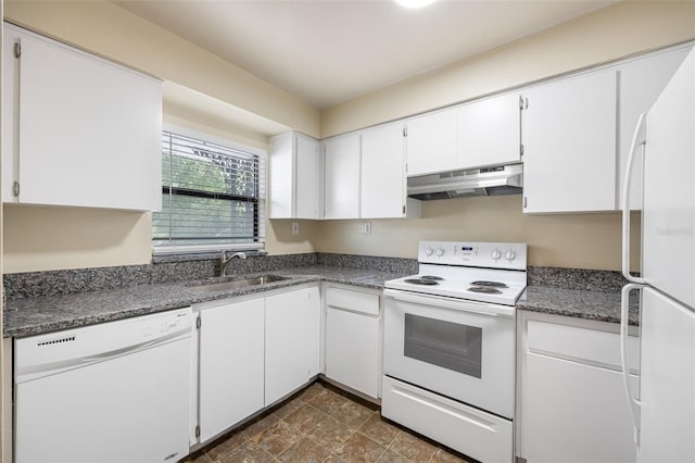 kitchen with white cabinets, white appliances, and sink