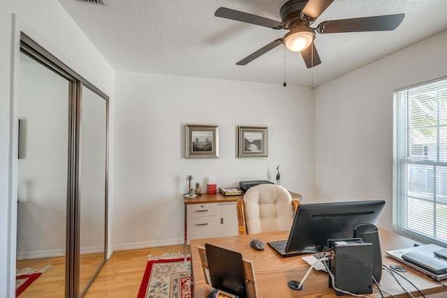 office space featuring a textured ceiling, light hardwood / wood-style flooring, and ceiling fan