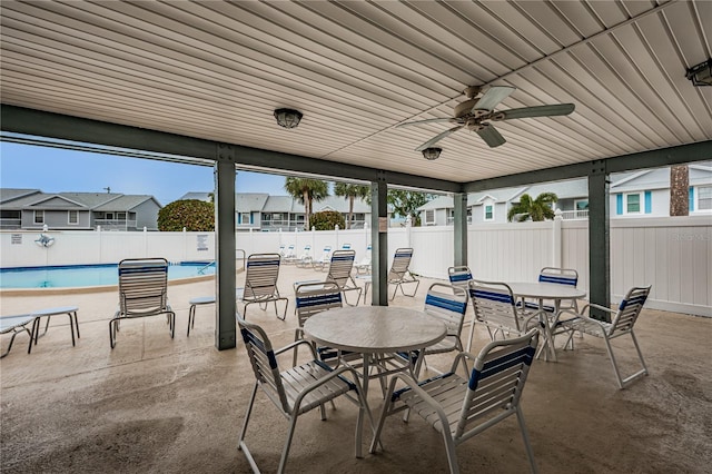 view of patio / terrace with ceiling fan and a community pool