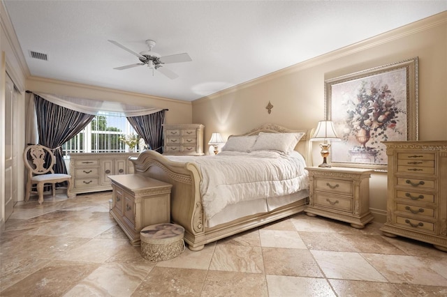 bedroom with ceiling fan and ornamental molding