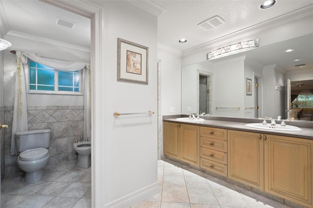 bathroom with a bidet, crown molding, tile patterned flooring, and tile walls