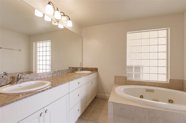 bathroom featuring large vanity, tile floors, and double sink