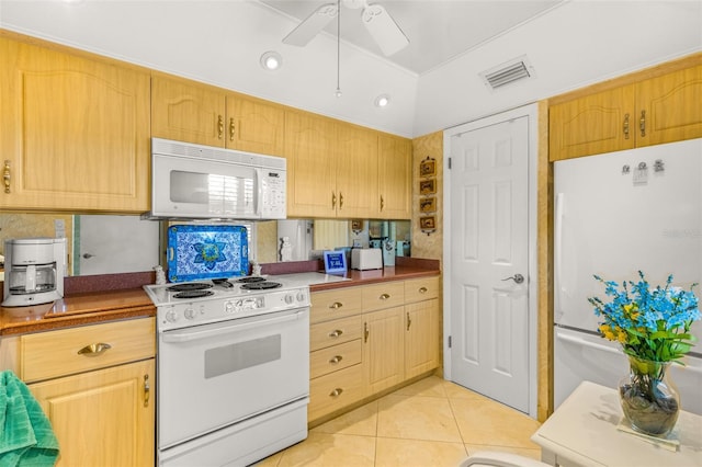 kitchen with white appliances, light tile flooring, ceiling fan, and light brown cabinetry