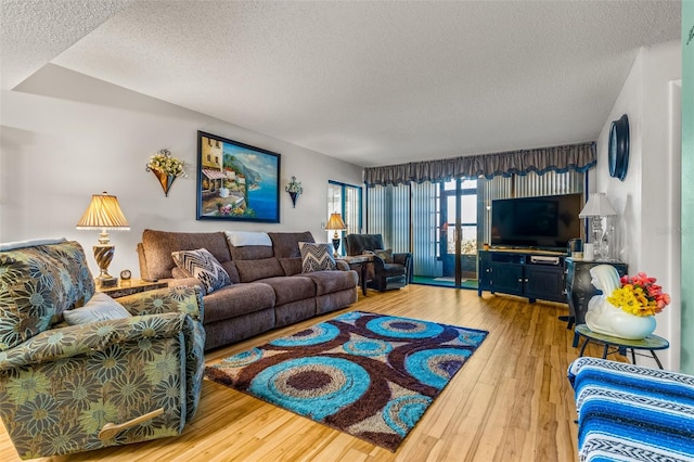 living room featuring light hardwood / wood-style floors and a textured ceiling