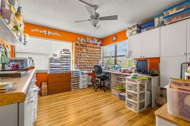 office with ceiling fan, light hardwood / wood-style flooring, and a textured ceiling