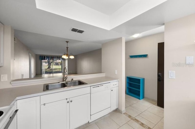 kitchen with decorative light fixtures, white cabinetry, sink, white dishwasher, and a chandelier