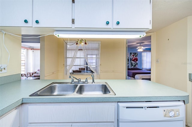 kitchen with a healthy amount of sunlight, ceiling fan, sink, and white dishwasher