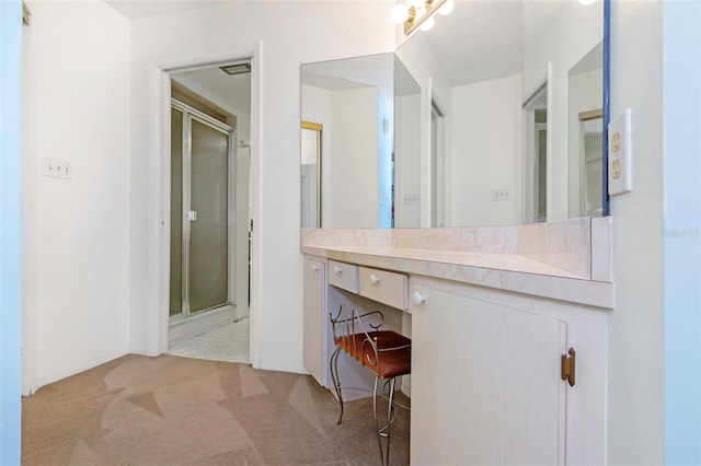 bathroom with vanity and a shower with shower door