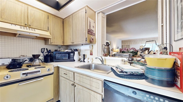 2205 Belleair Rd Unit A13, Clearwater, FL 33764 - kitchen with dishwasher, light brown cabinets, sink, decorative backsplash, and white electric range oven