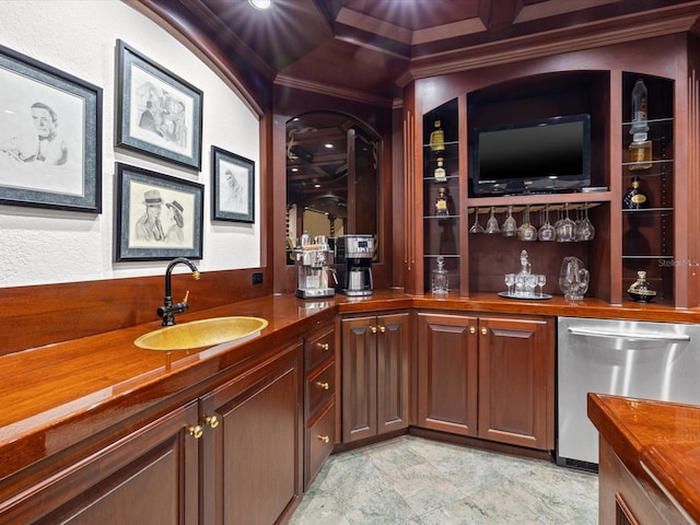 bar with sink, light tile floors, dishwasher, wooden counters, and coffered ceiling