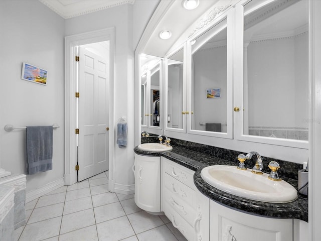 bathroom with double sink, tile flooring, and large vanity