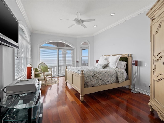 bedroom with access to exterior, ornamental molding, ceiling fan, and dark hardwood / wood-style flooring