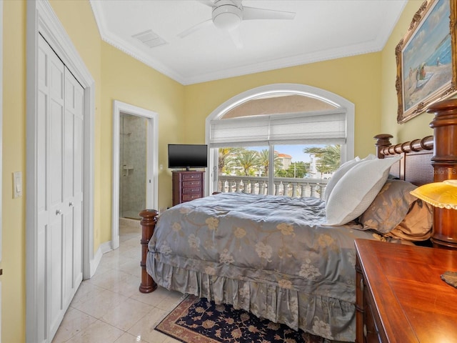 bedroom featuring ceiling fan, ornamental molding, light tile floors, and a closet