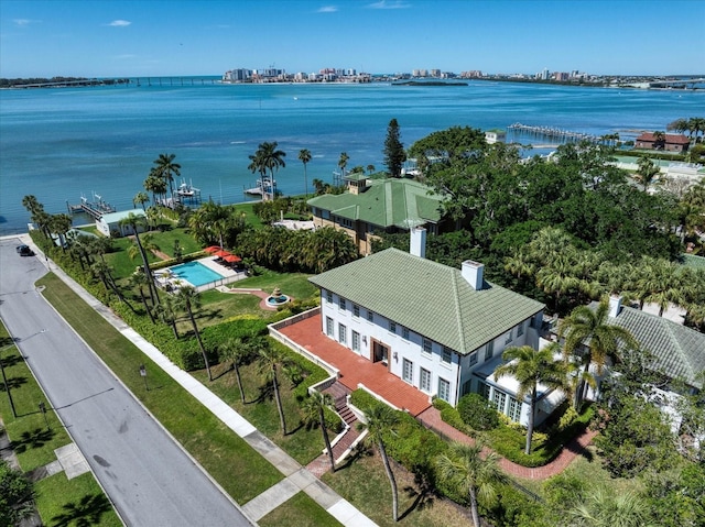 aerial view with a water view