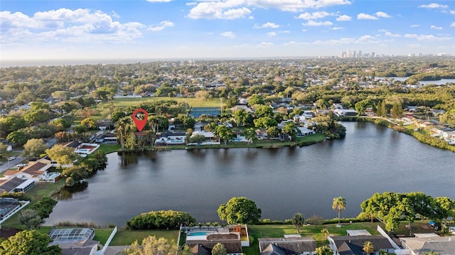 aerial view featuring a water view