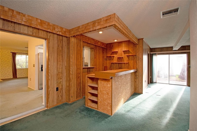 bar with a healthy amount of sunlight, wooden walls, a textured ceiling, and carpet