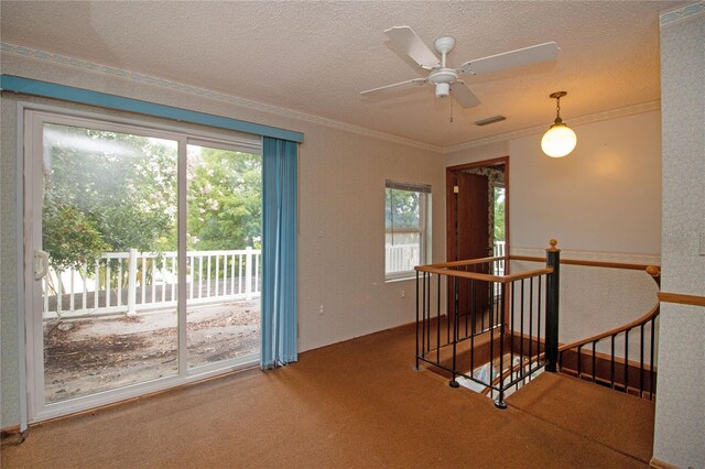 spare room with ornamental molding, carpet flooring, and a textured ceiling