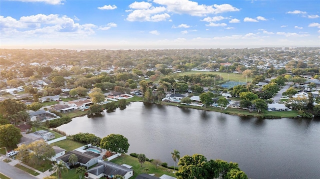 bird's eye view with a water view