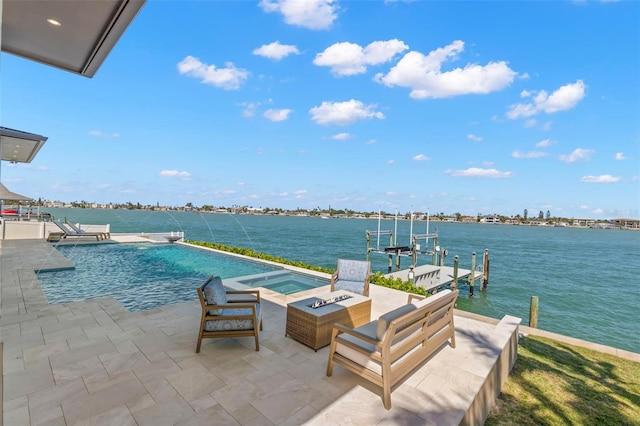 exterior space featuring a boat dock, an outdoor fire pit, a water view, a pool with hot tub, and pool water feature