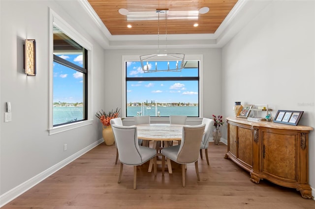 dining room featuring wood ceiling, a raised ceiling, and a water view