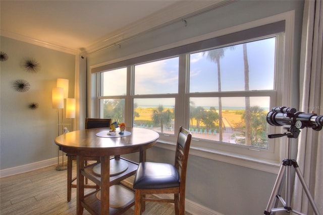 dining space with hardwood / wood-style floors, ornamental molding, and a wealth of natural light