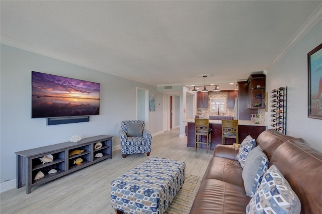 living room with crown molding, a textured ceiling, and light wood-type flooring