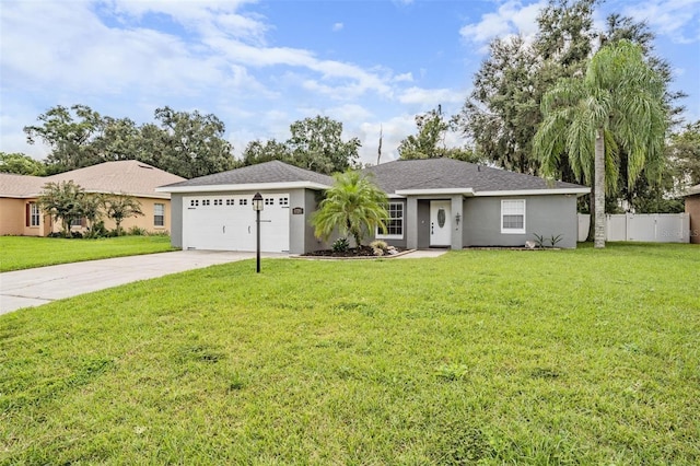 single story home featuring stucco siding, a garage, driveway, and fence