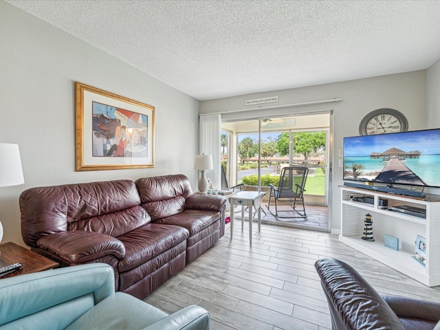 living room featuring light hardwood / wood-style flooring and a textured ceiling