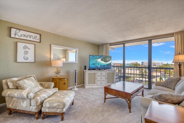 carpeted living room featuring a textured ceiling and expansive windows