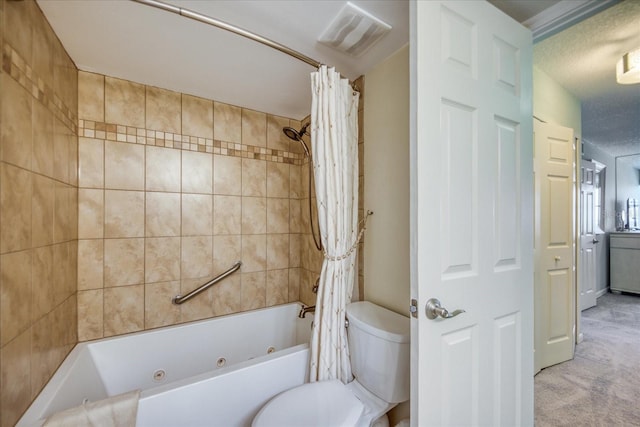 bathroom featuring toilet and shower / tub combo with curtain