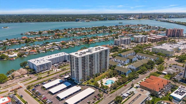 bird's eye view with a water view