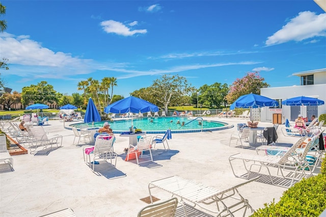 view of swimming pool with a patio