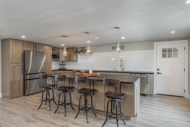 kitchen with light hardwood / wood-style flooring, stainless steel appliances, a center island, and decorative light fixtures