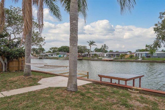 view of dock featuring a water view and a lawn