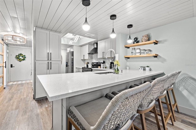 kitchen with white cabinets, light hardwood / wood-style floors, a kitchen bar, kitchen peninsula, and stainless steel appliances