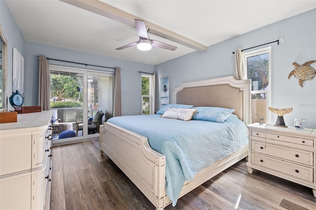 bedroom with ceiling fan and dark wood-type flooring