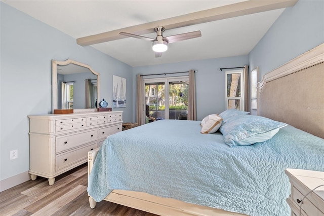 bedroom featuring light wood-type flooring, access to outside, and ceiling fan