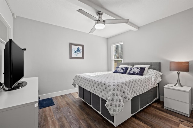 bedroom with dark hardwood / wood-style floors and ceiling fan