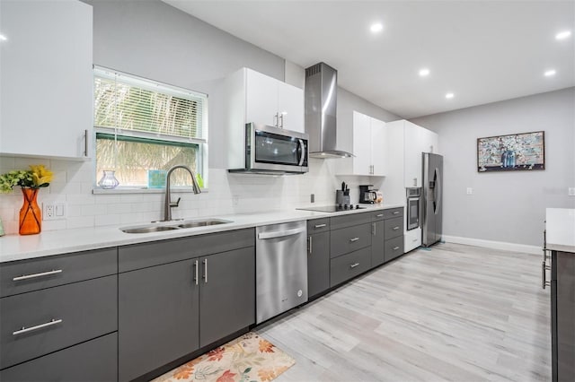 kitchen with wall chimney exhaust hood, white cabinets, light hardwood / wood-style floors, backsplash, and stainless steel appliances