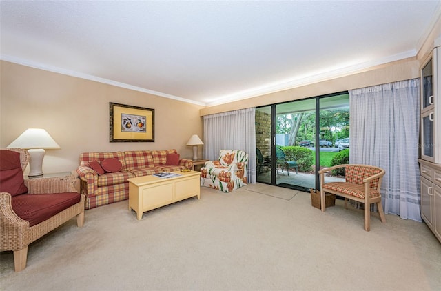 carpeted living room with crown molding