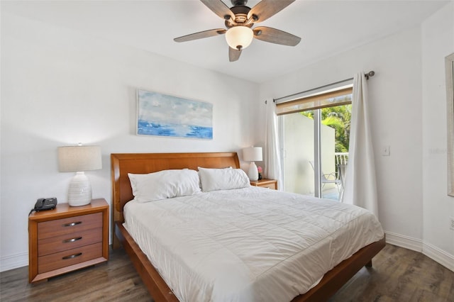 bedroom with access to outside, ceiling fan, and dark wood-type flooring