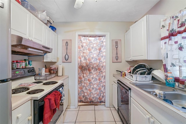 kitchen with sink, light tile floors, white cabinets, black dishwasher, and white range with electric stovetop