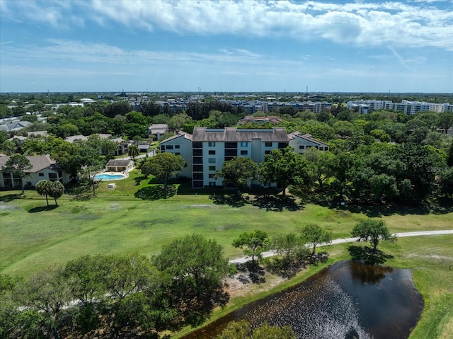 drone / aerial view with a water view