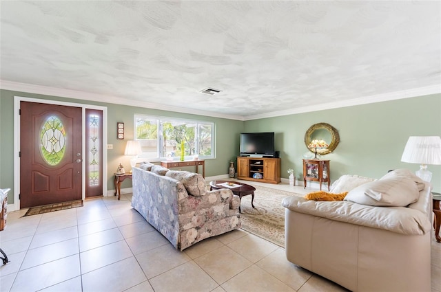 tiled living room with crown molding